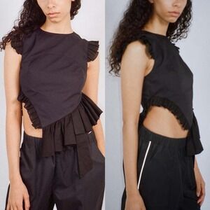 Sandy Liang Sz 4 Sleeveless Cotton Blouse Asymmetrical Hem Ruffle Trim w/Flaw